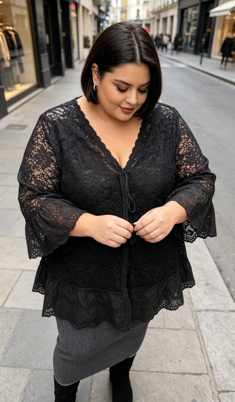 Gilet Dentelle Floral Noir Grande Taille