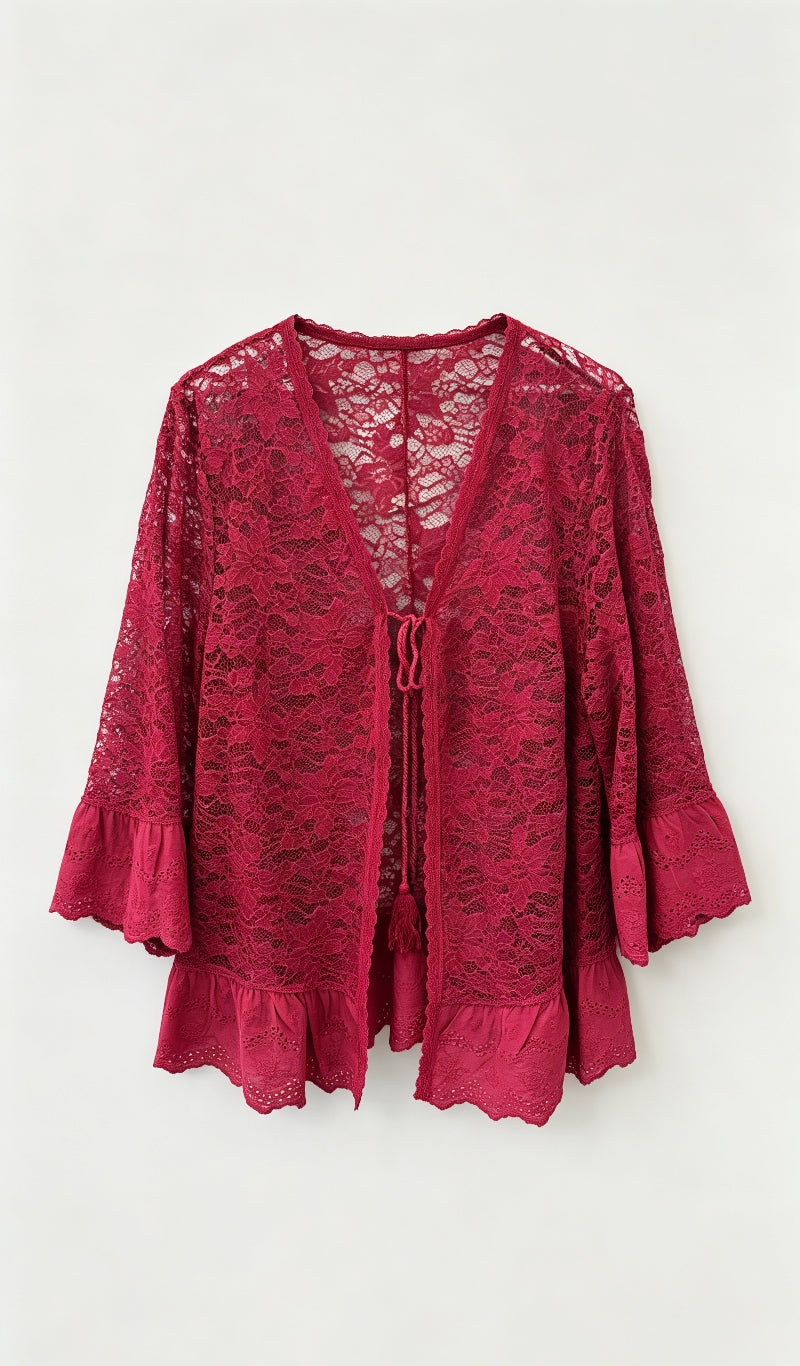 Gilet Dentelle Floral Rouge Profond Grande Taille
