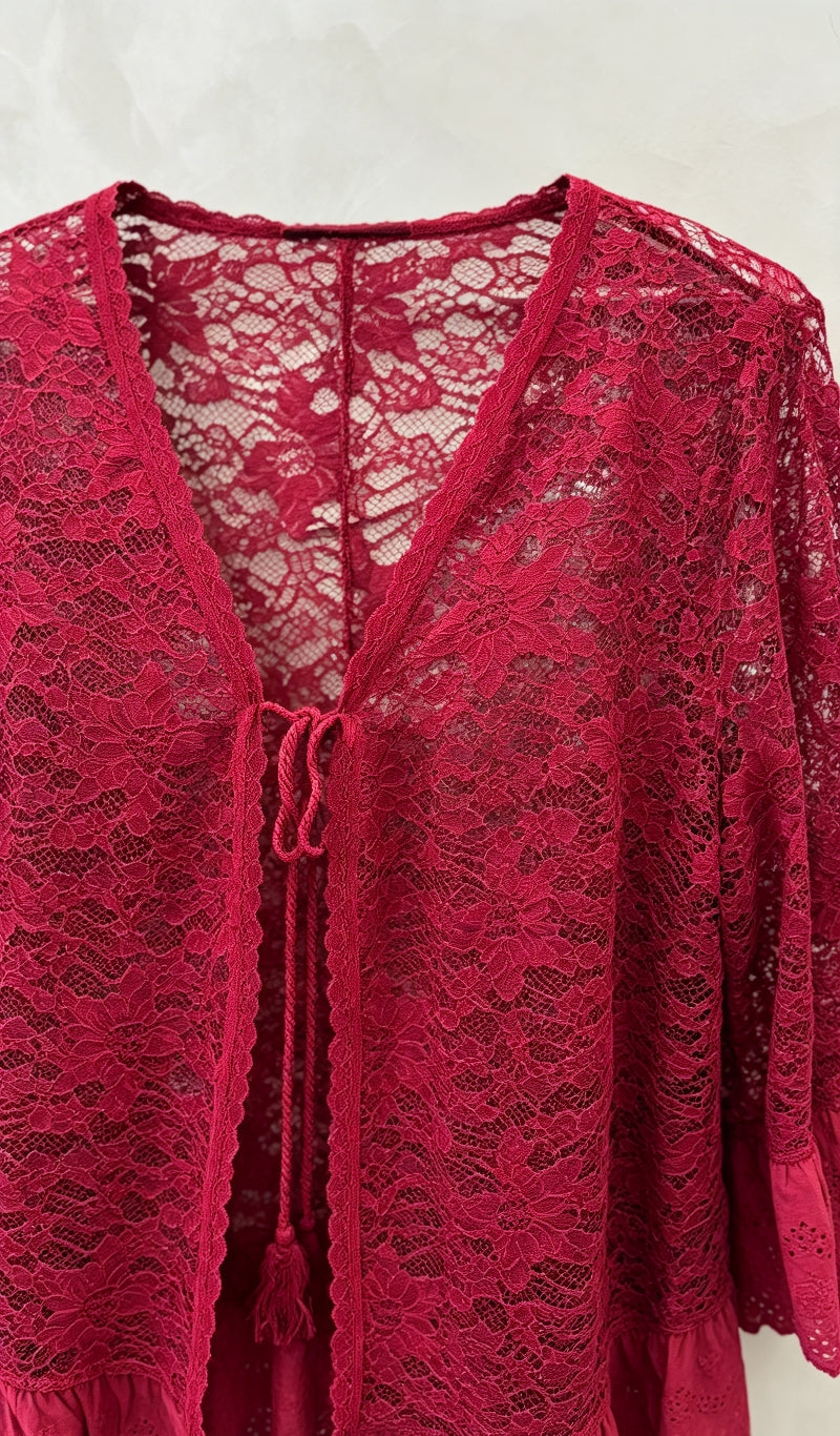 Gilet Dentelle Floral Rouge Profond Grande Taille
