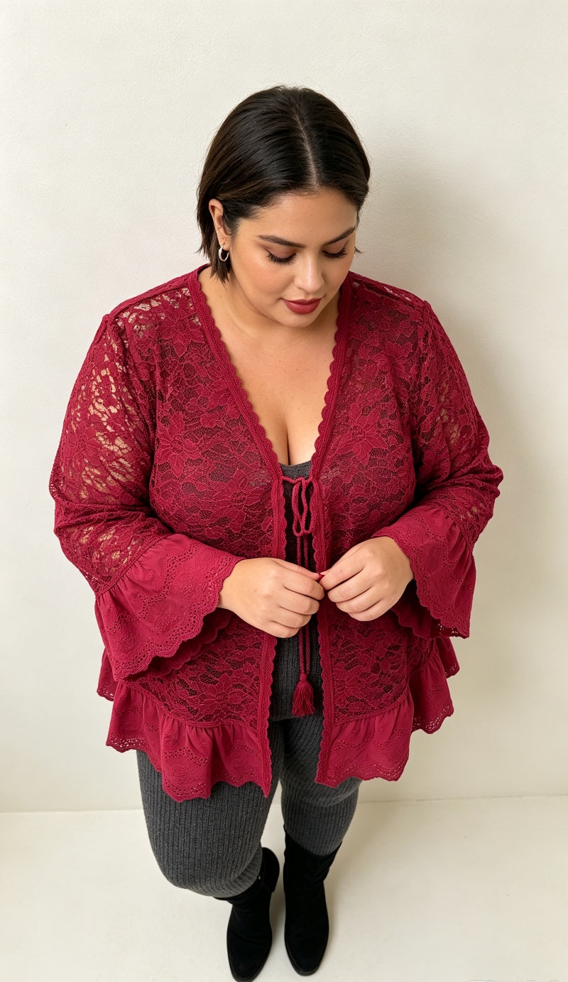 Gilet Dentelle Floral Rouge Profond Grande Taille