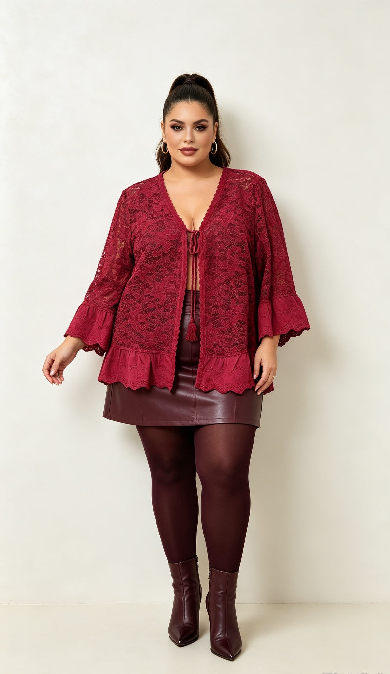 Gilet Dentelle Floral Rouge Profond Grande Taille