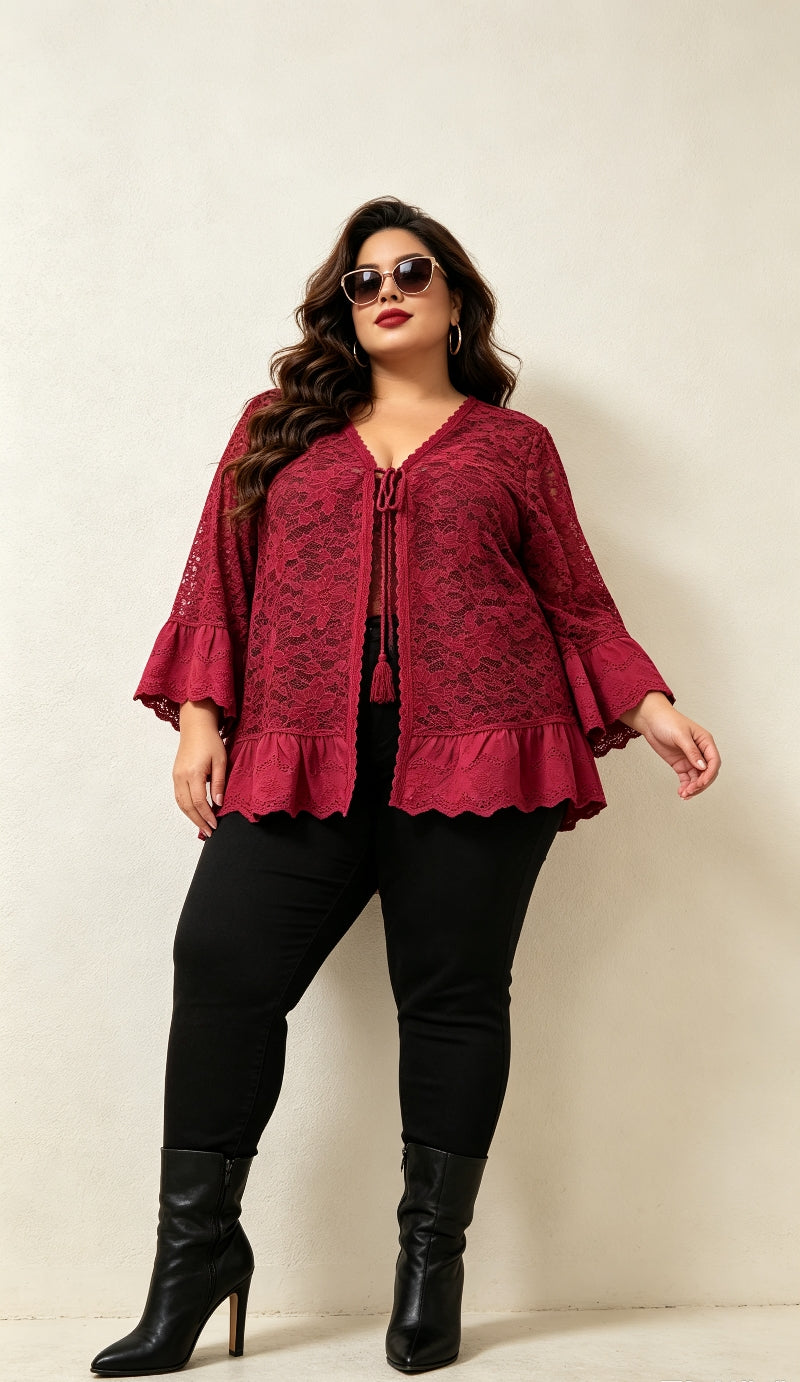 Gilet Dentelle Floral Rouge Profond Grande Taille