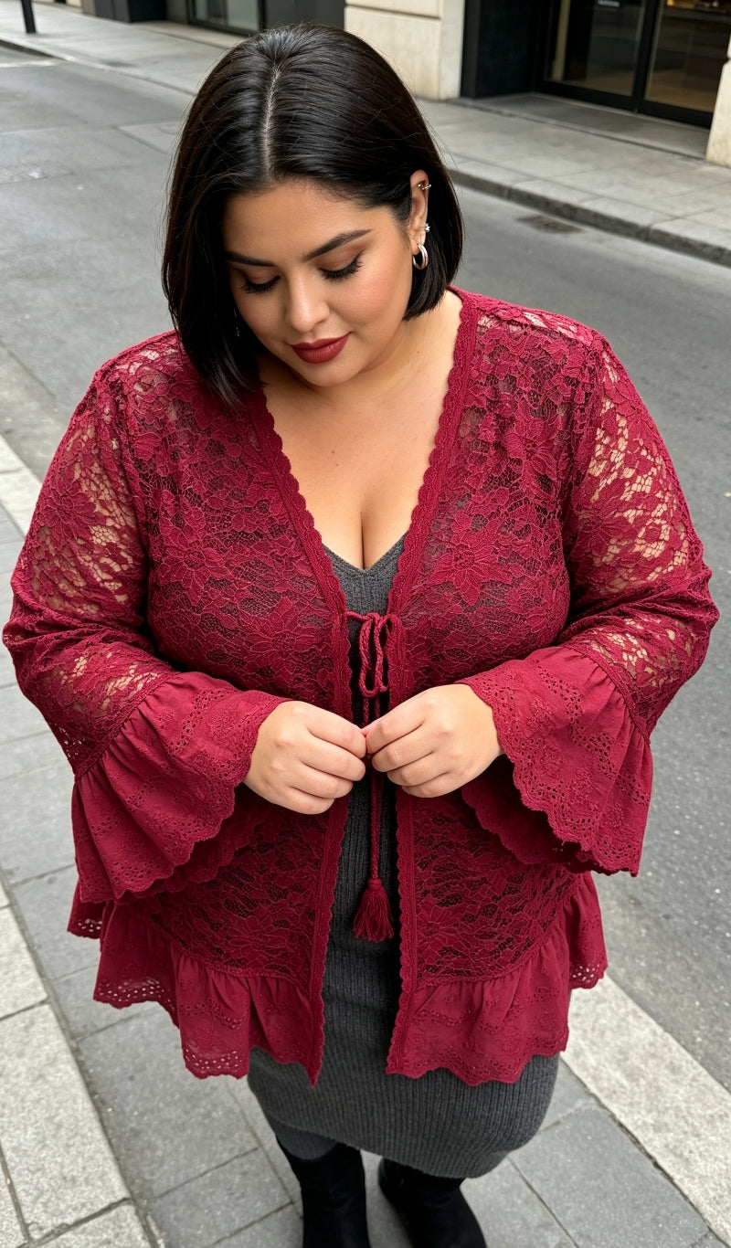 Gilet Dentelle Floral Rouge Profond Grande Taille