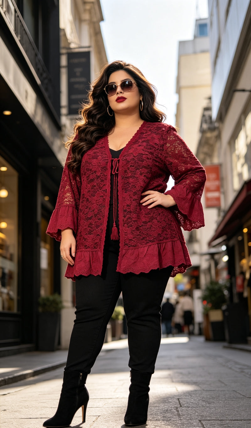 Gilet Dentelle Floral Rouge Profond Grande Taille