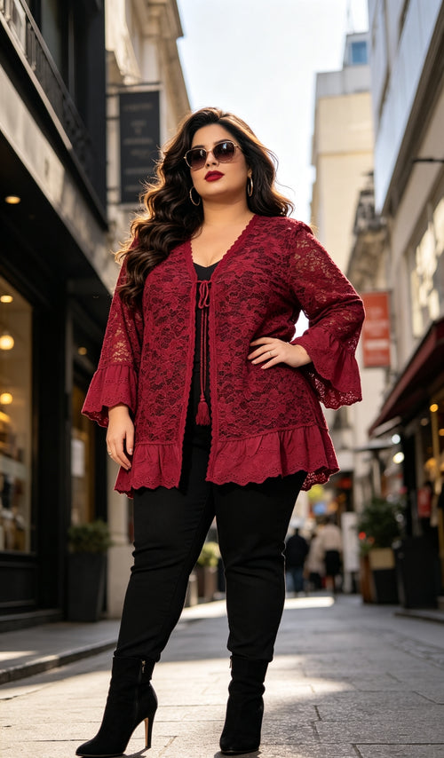 Gilet Dentelle Floral Rouge Profond Grande Taille