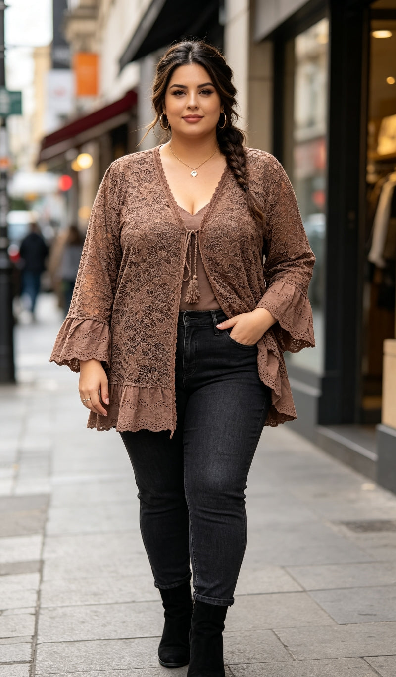 Gilet Dentelle Floral Taupe Grande Taille