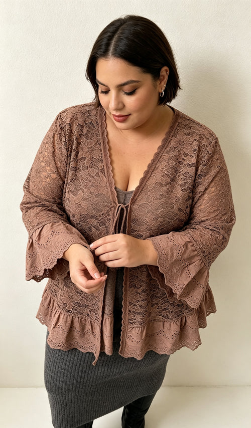 Gilet Dentelle Floral Taupe Grande Taille