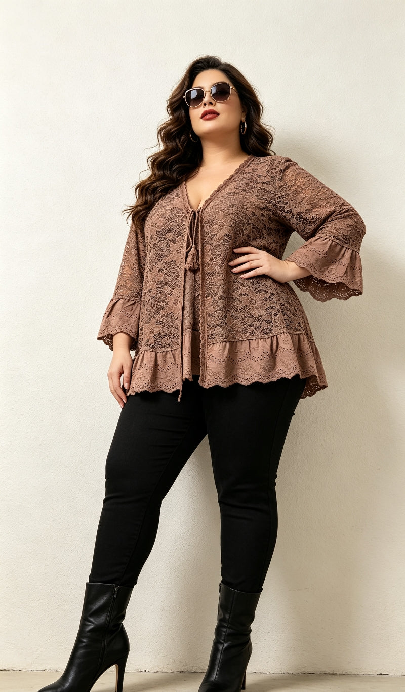 Gilet Dentelle Floral Taupe Grande Taille