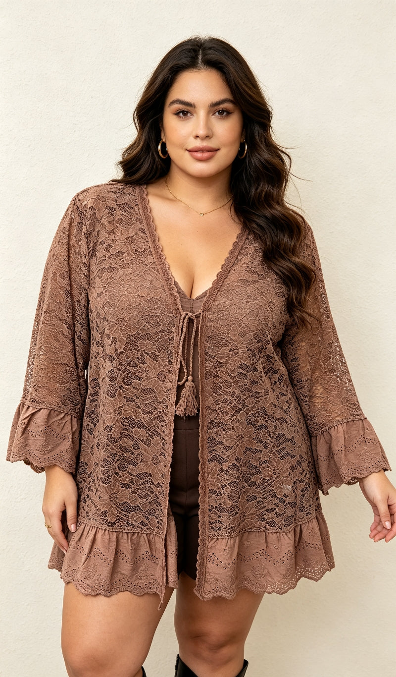 Gilet Dentelle Floral Taupe Grande Taille