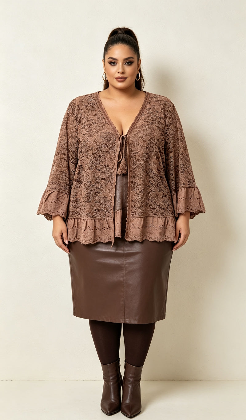 Gilet Dentelle Floral Taupe Grande Taille
